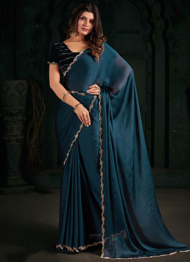 Satin Chiffon Rama Party Wear Zircon Work Saree